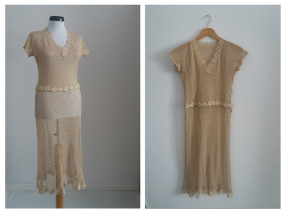 Vintage 1940s knit dress | 40s cream cotton dress