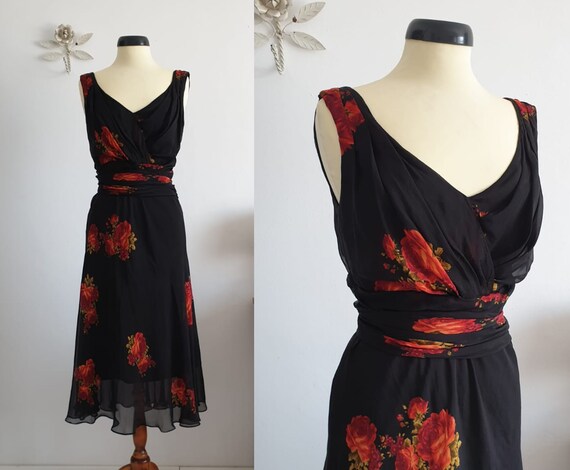 1970s black silk dress | vintage 70s black floral