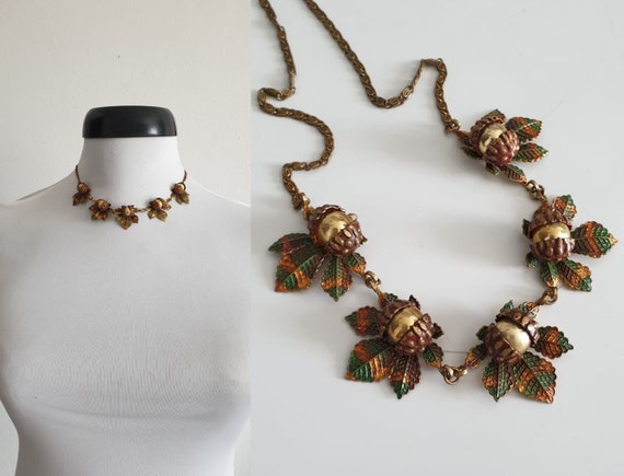 1930s necklace | vintage 30s brass and enamel neck