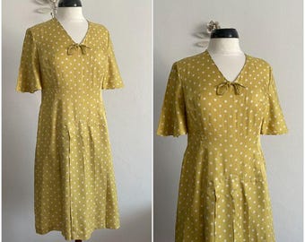 1950s Vintage Silk Dress | Lime Green Polka Dot, Fitted Waist