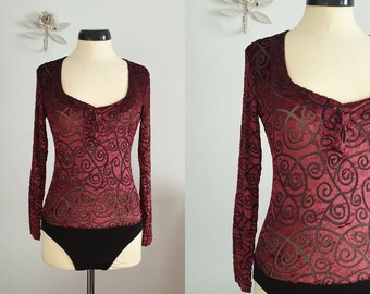 1980s velvet bodysuit | vintage bordo bodysuit