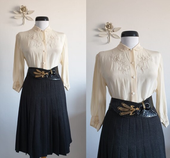 Vintage 1950s silk blouse | cream silk 50s blouse