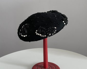 Vintage Mr Walter New York Black Fur Felt Beaded Hat Satin  display picture 1