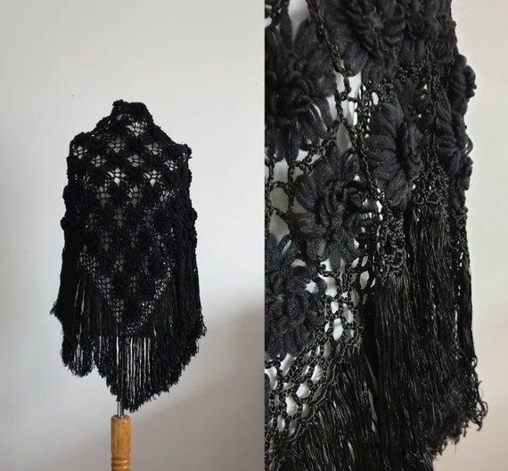 Antique black silk piano shawl | Victorian stump w