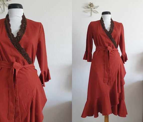 Maroccan red linen wrap dress | vintage linen dres