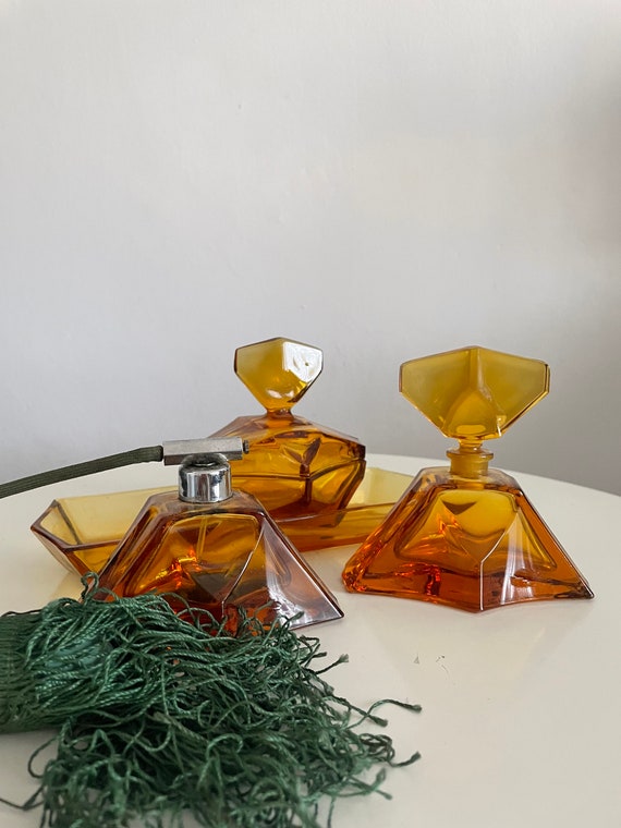 1930s Art Deco Amber Glass Vanity Set Etsy