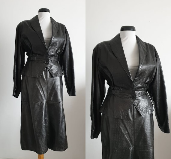 Vintage black leather suit | leather skirt suit s
