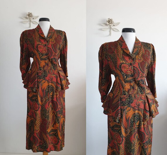 1940s cotton dress | vintage 40s brown leaf print