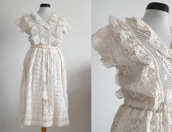 Vintage 1970s crochet dress | 70s cotton lace dres