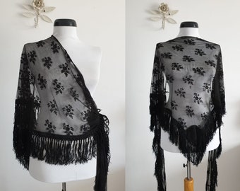 1930s piano shawl | vintage 30s black lace shawl | 1930s  lace wrap