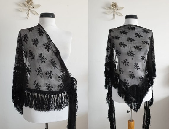 1930s piano shawl | vintage 30s black lace shawl |