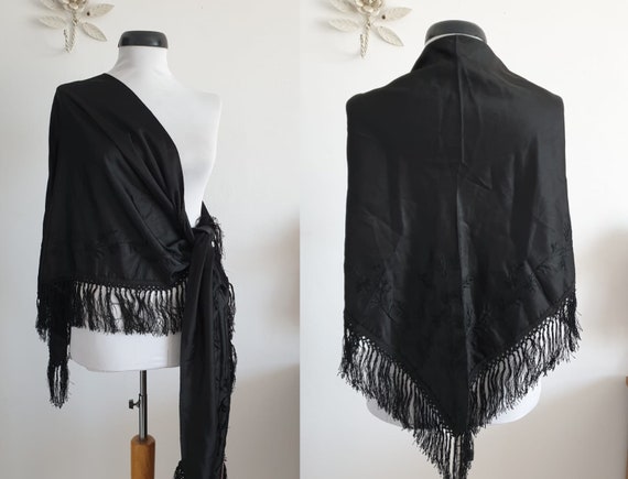 1930s black piano shawl | vintage 30s embroidery s