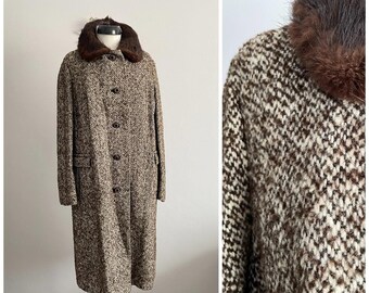 Vintage 1960s Mink Fur Collar Coat | Tweed Wool Outerwear | Brown & White Dress Coat