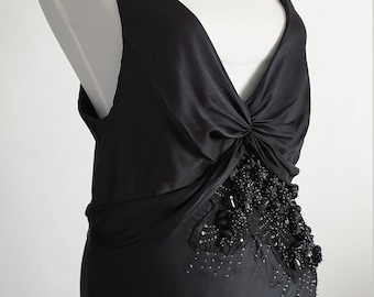 Robert Cavalli Black Silk Dress | Beaded Floral Detail & Open Back