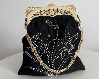 1920s black silk purse | antique 20s celluloid frame bag