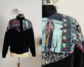 1970s Vintage Velvet Bomber Jacket – Printed Design