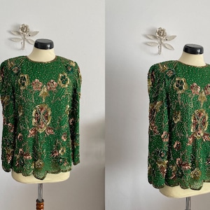1970s green silk blouse | vintage 70s sequines blouse