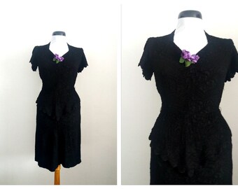 Vintage 1940s black dress | black rayon 40s dress | 1940s little black dress