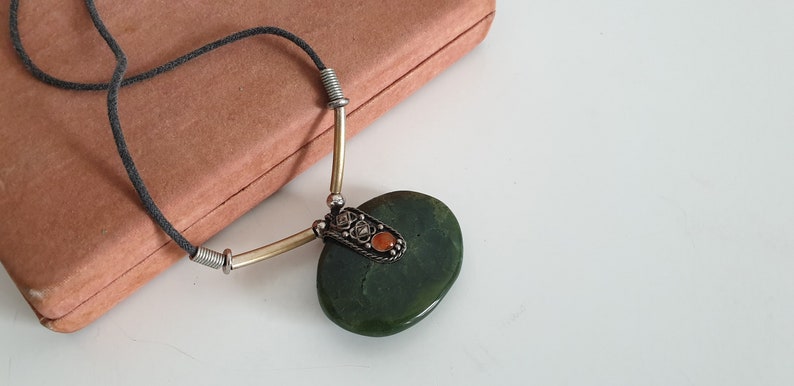 70s jade pendant Vintage 1970s jade necklace silver tone and jade necklace