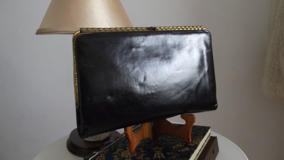1940s black leather clutch/ 40s bag/ 40s leather c
