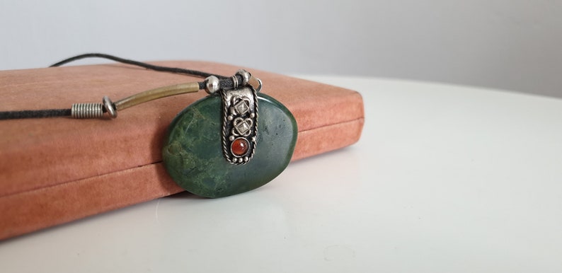 70s jade pendant Vintage 1970s jade necklace silver tone and jade necklace