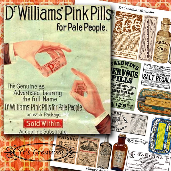 VINTAGE APOTHECARY LABELS vol2 - Ephemera Images with Medicine Labels  and  Funny Ads - Printable Collage Sheet