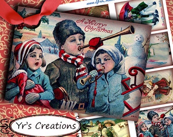 VINTAGE CHRISTMAS CARDS , Prinatble Ephemera Postcards, Vintage Gift Tags, Junk Journals, Old fashioned Digital Collage Sheet, Holiday Tags