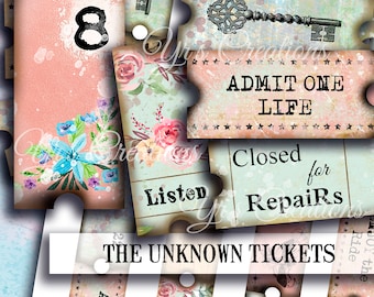 PRINTABLE TICKETS EPHEMERA, Digital Collage Sheet, Vintage Ticket Strips, Junk Journals, Fortune Telling, Shabby, Srapbook Tickets, Floral