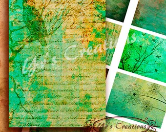 DIGITAL COLLAGE SHEET, Green Blue Nature Cards, Trees, Birds, Background Scrapbook Paper, Labels, Gift Tags, Junk Journals, Instant Download