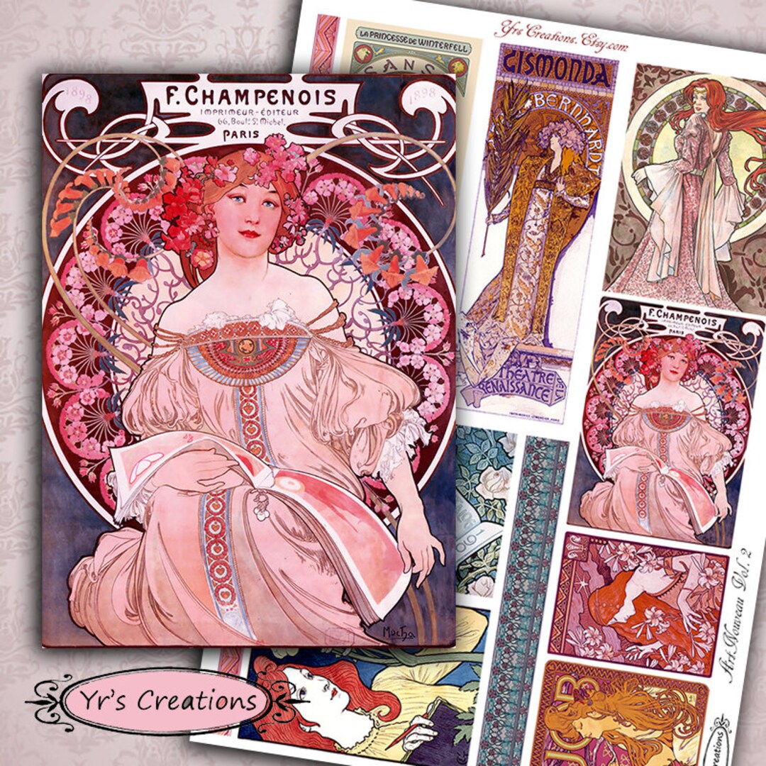 Art Nouveau Ephemera Digital Collage Sheet Vintage Cards ATC Etsy