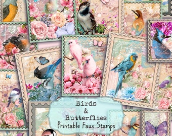 FAUX STAMPS PRINTABLE Birds & Butterflies Ephemera Pack, Digital Collage Sheet, Scrapbook Paper, Junk Journal Cards, Mail, Instant Download