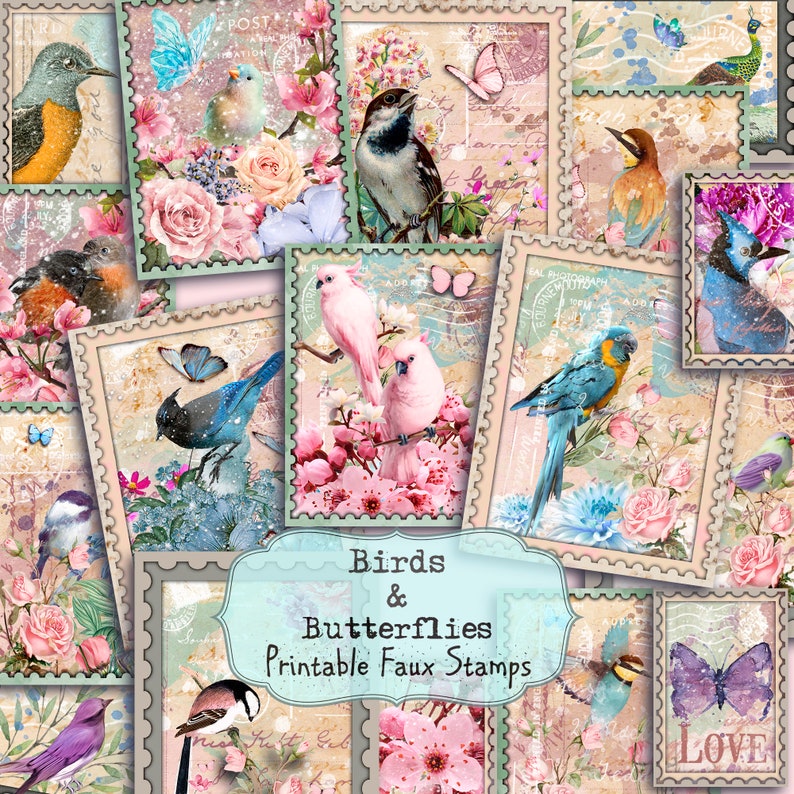 Mail Digital Collage Sheet Junk Journal Cards Scrapbook Paper FAUX STAMPS PRINTABLE Birds /& Butterflies Ephemera Pack Instant Download