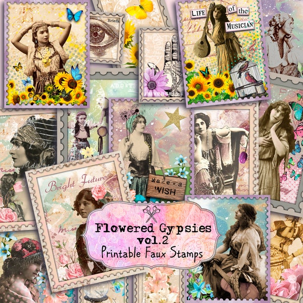 IMPRESIONA FAUX STAMPS, Paquete de efímeras gitanas, Hoja de collage digital, Papel de libro de chatarra, Diario basura, Embellecimiento, Flores, Descarga instantánea