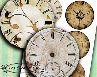 Visages d’horloge antiques - Printable Circle Images - visages d’horloge vintage pour les journaux de ferraille, médias mélangés, scrapbooking et artisanat de papier