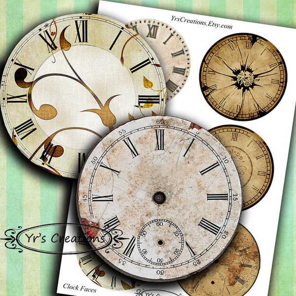 Antique clock faces - Printable Circle Images - vintage clock faces for junk journals, mixed media, scrapbooking and paper crafts