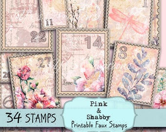 SHABBY Pink FAUX STAMPS Printable, Digital Collage Sheet, Floral Nature, Scrapbook Paper,Junk Journal Cards, Instant Download, Print & Cut