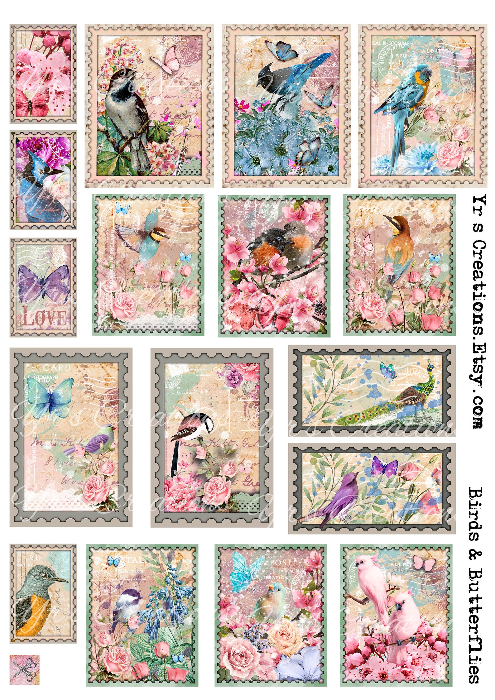 FAUX STAMPS PRINTABLE Birds &amp; Butterflies Ephemera Pack | Etsy