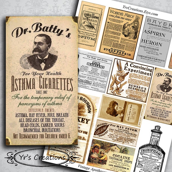 VINTAGE APOTHECARY LABELS, Printable Medicine Tags, Box and Jar Labels - Ephemera Images - Digital Collage Sheet perfect for Junk Journals!