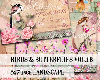 BIRDS & BUTTERFLIES Vol.1B, 5x7 inch Junk Journal Cards Landscape, Postcards, Flowers, Printable Digital Collage Sheets, Vintage, Floral tag