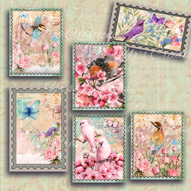 Mail Digital Collage Sheet Junk Journal Cards Scrapbook Paper FAUX STAMPS PRINTABLE Birds /& Butterflies Ephemera Pack Instant Download