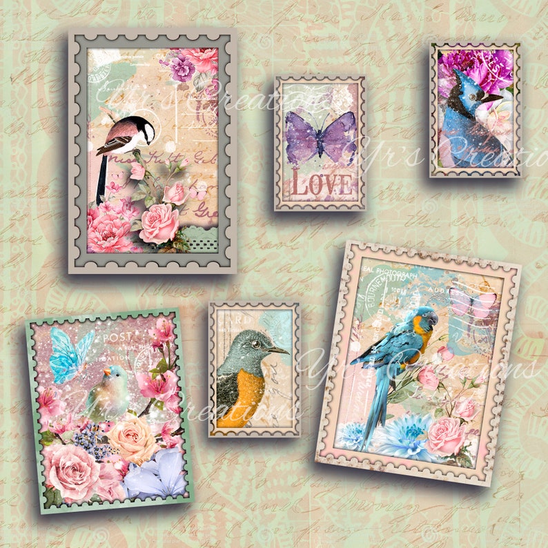 Mail Digital Collage Sheet Junk Journal Cards Scrapbook Paper FAUX STAMPS PRINTABLE Birds /& Butterflies Ephemera Pack Instant Download
