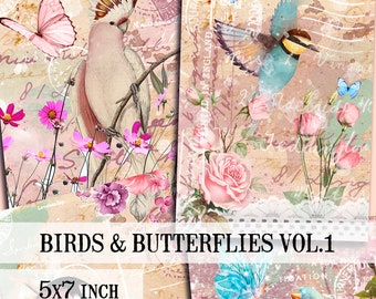 BIRDS & BUTTERFLIES 5x7 inch CARDS vol1, Parrots, Flowers, Colorful Nature, Botanical Printable Gift Tags, Junk Journals, Digital Collage