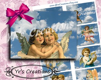 VINTAGE ANGELS PRINTABLE Gift Tags, Blu Angel Christmas, Digital Collage Sheet  with Angel Wings, Junk Jpurnal Ephemera, Holday Gift Labels