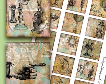 VINTAGE STEAMPUNK DIGITAL Collage Sheet - 2inch Printable Squares for Scrapbooking, Junk Journals, Decoupage. Instant Download