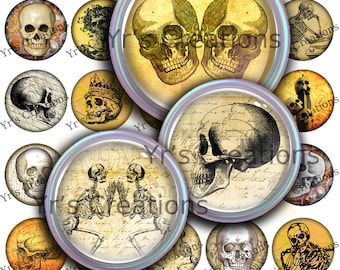 OLD SKULLS - 1.5 Inch Circles  - Digital Collage Sheet - Instant Download - Images for Pendants, Stickers, Halloween, Mixed Media and Art