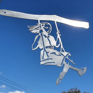 Banksy girl on swing  garden art wall hanging outdoor decoration metal stake corten australian