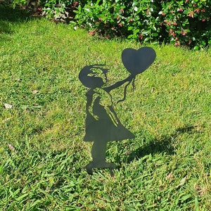 Rustic steel Banksy girl with Balloon garden stake  metal art