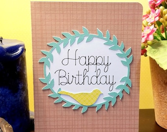 Handmade Birthday Card - Wreath and Bird - Leaf and Bird - A2 - with Envelope