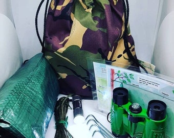 Den in a bag for kids, a ready made den building outdoor adventure in a fabulous handmade jungle camouflage bag/ personalisation available