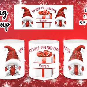 Red Christmas Gnome Mug Wrap 11oz 15oz Gonk Sublimation Press png jpg Xmas Holidays Wraps Cups Present Winter Personalised Custom Name Gift